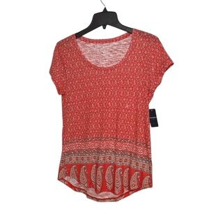 Lucky Brand Red Floral Mix Border Boho Top Pullover T-Shirt sz S